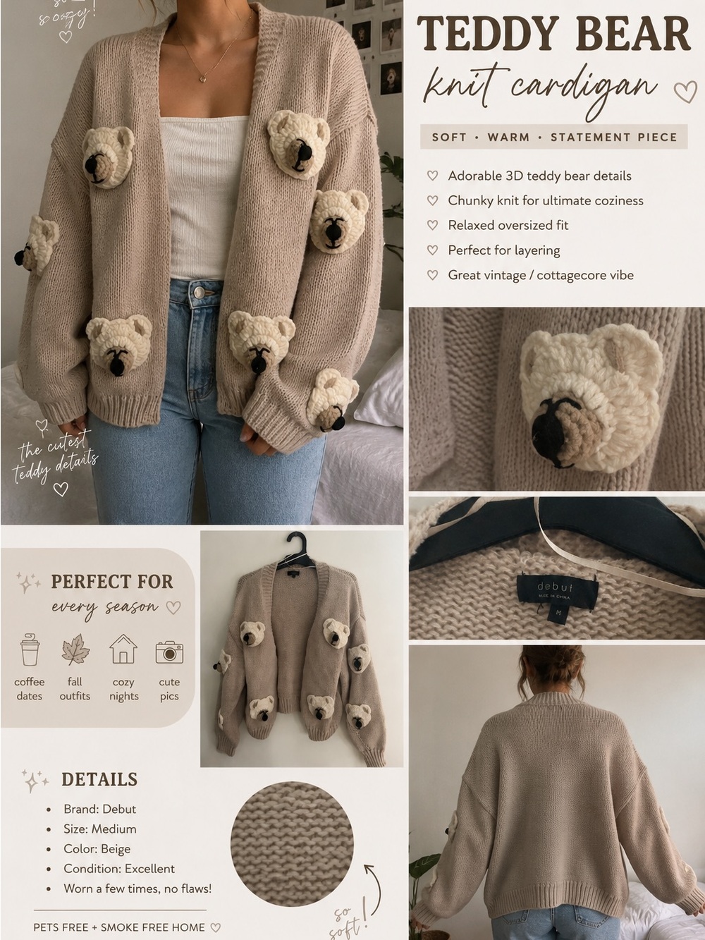 debut Beige Teddy Bear Knit Cardigan with 3D Bear Appliqués